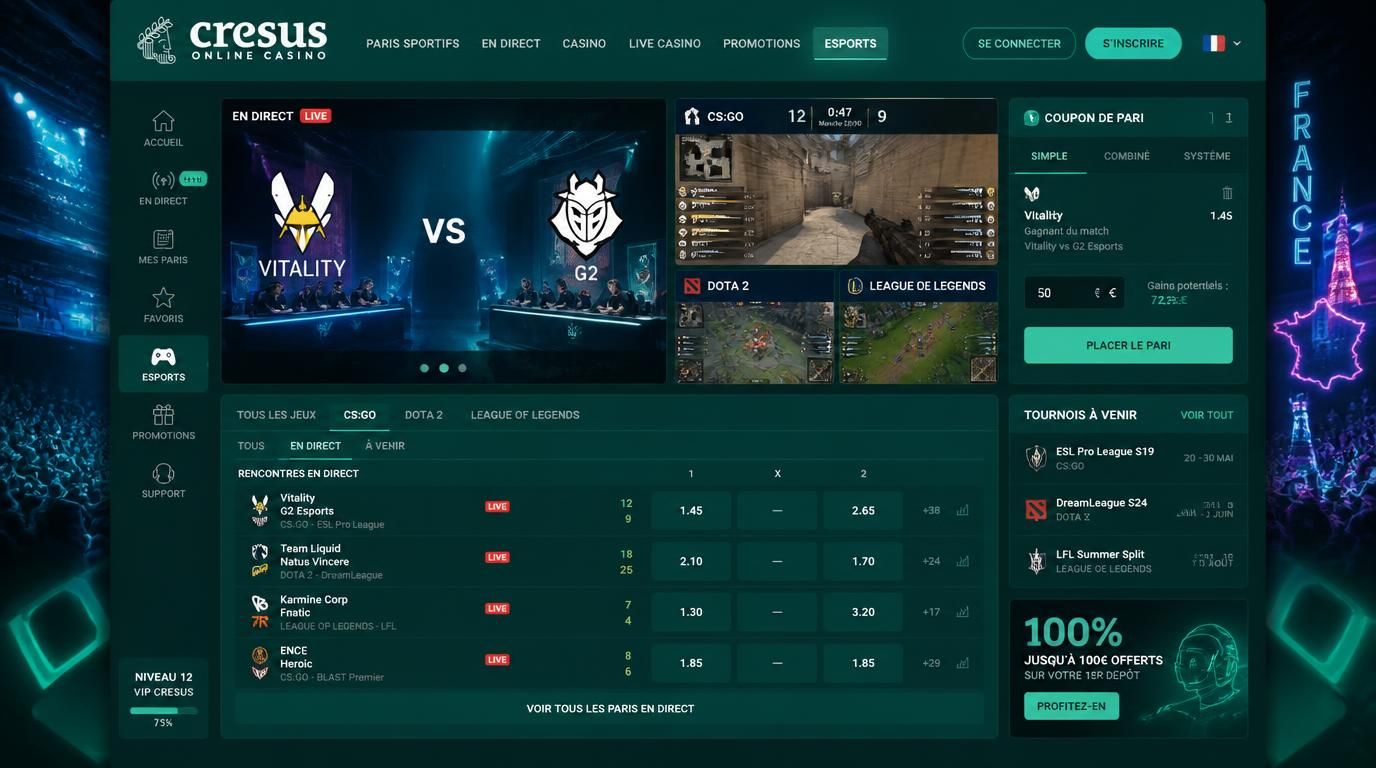 Interface de pari e-sports moderne avec joueurs en action