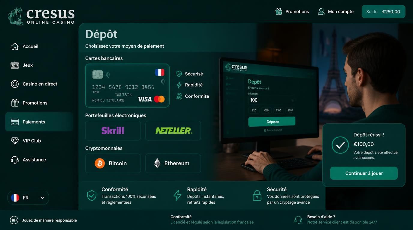 Montre les méthodes de dépôt légales acceptées en France, y compris cartes, portefeuilles électroniques et cryptos