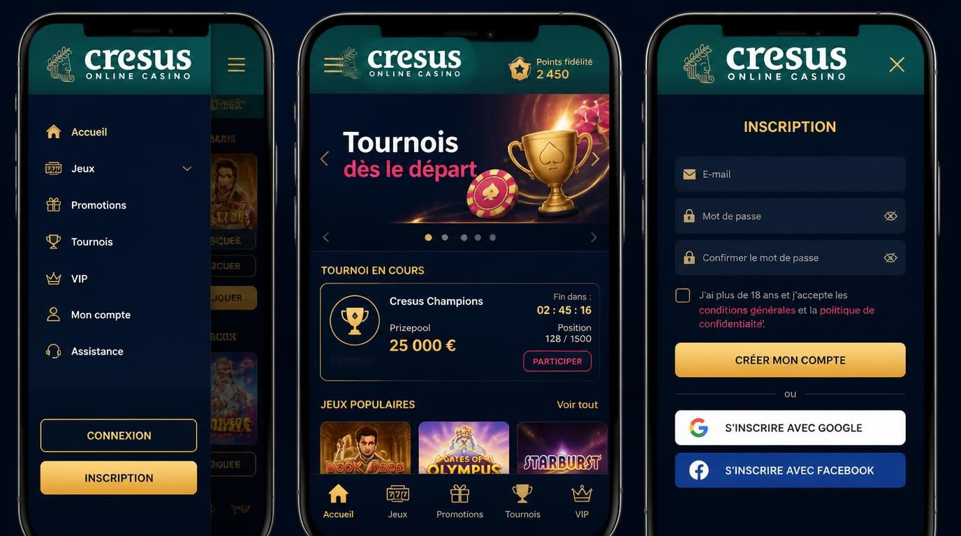 Interface d’inscription mobile fluide avec promos et tournois visibles